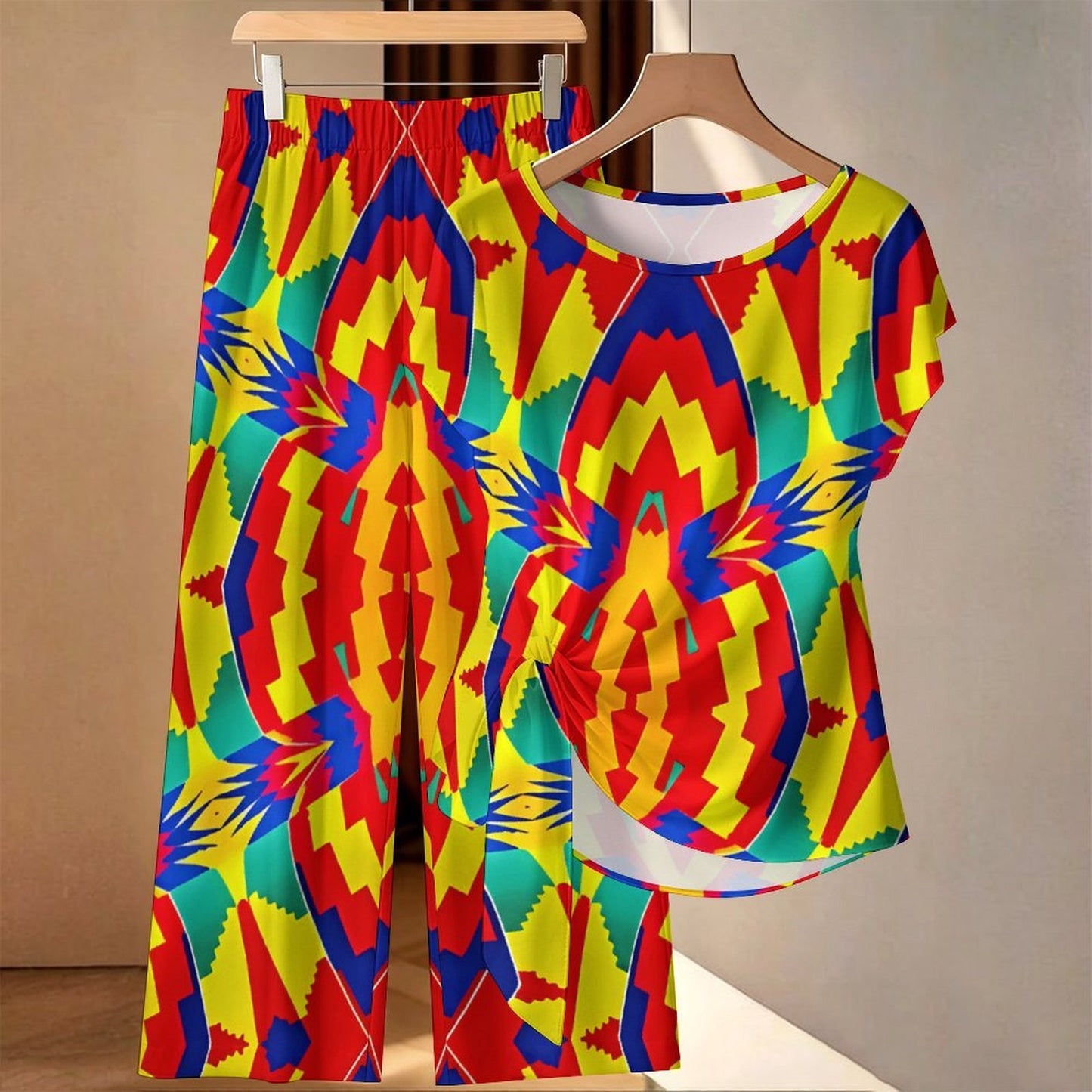 Women's Bold Rainbow Kente-Inspired Geometric Pattern All Over Print Side-Tie Short Sleeve Top & Wide-Leg Pants Set