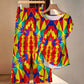 Women's Bold Rainbow Kente-Inspired Geometric Pattern All Over Print Side-Tie Short Sleeve Top & Wide-Leg Pants Set