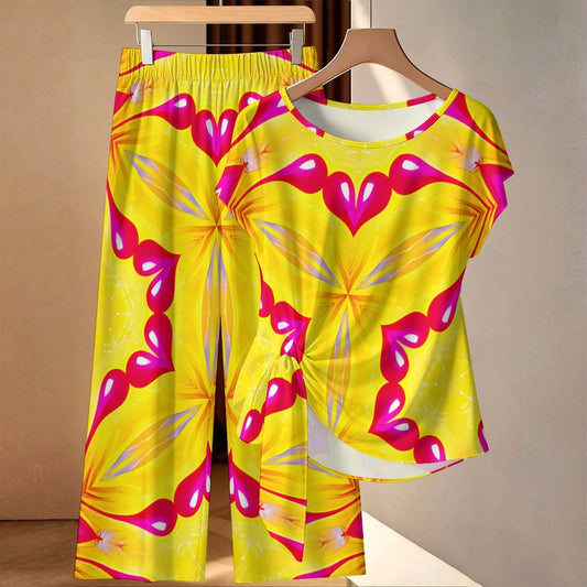 Women's Yellow & Red Heart Pop Pattern All Over Print Side-Tie Short Sleeve Top & Wide-Leg Pants Set