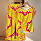 Women's Yellow & Red Heart Pop Pattern All Over Print Side-Tie Short Sleeve Top & Wide-Leg Pants Set