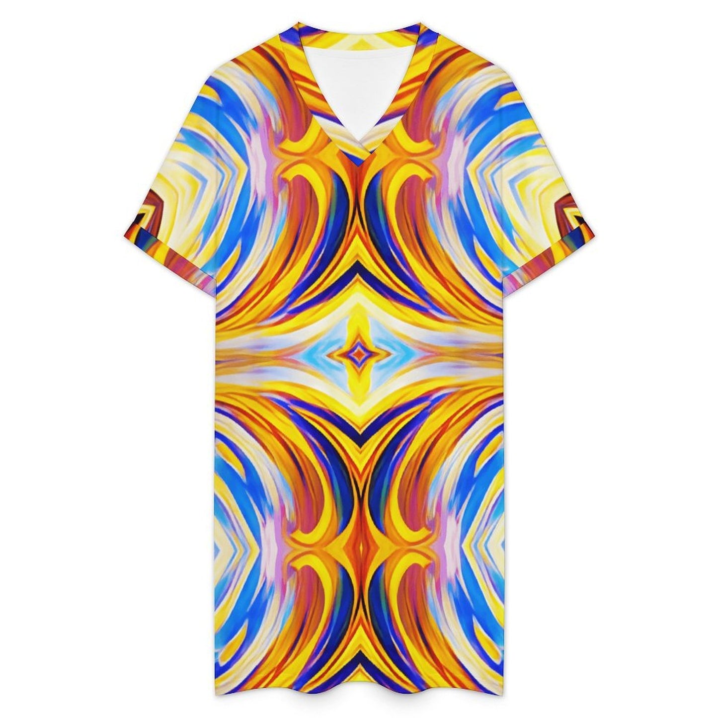 Women's Abstract Sunburst Pattern All Over print Casual V-Neck Dress with Rolled Cuffs
