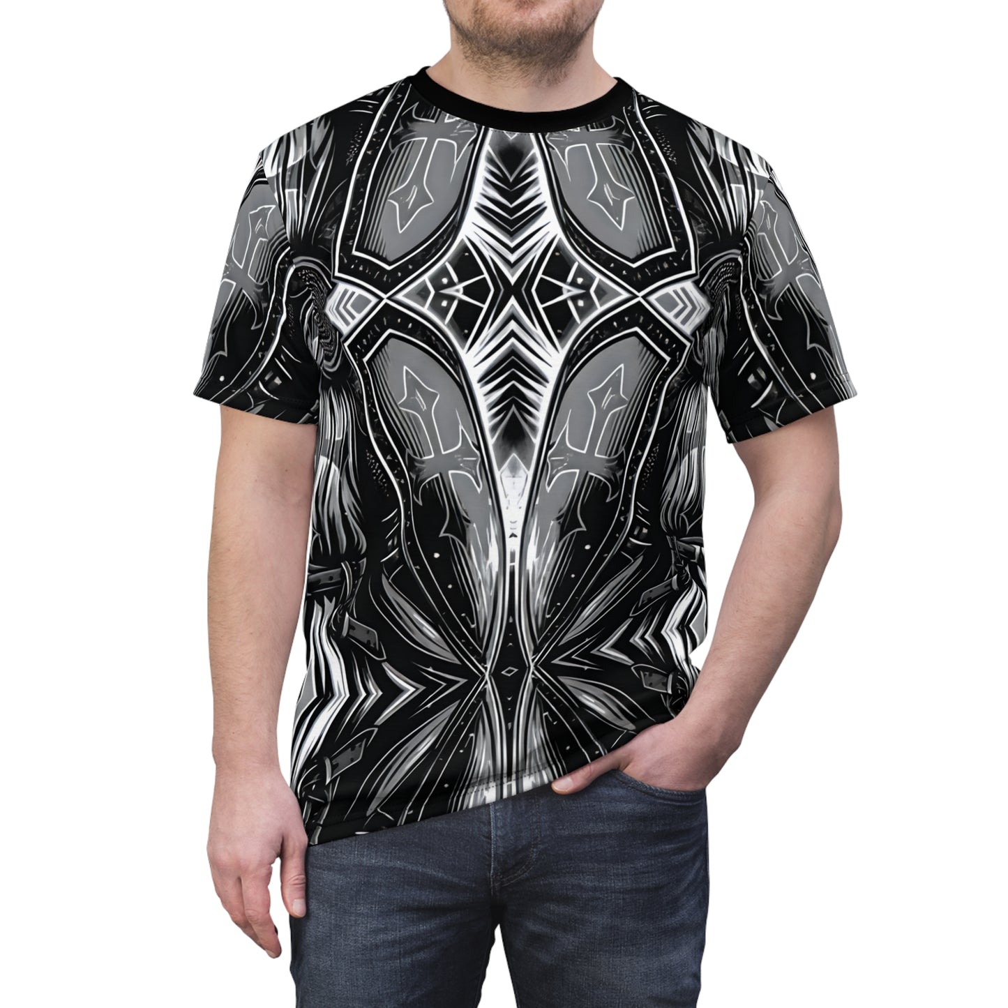 Men's Black & Silver Symmetry Pattern All-Over Print Tee