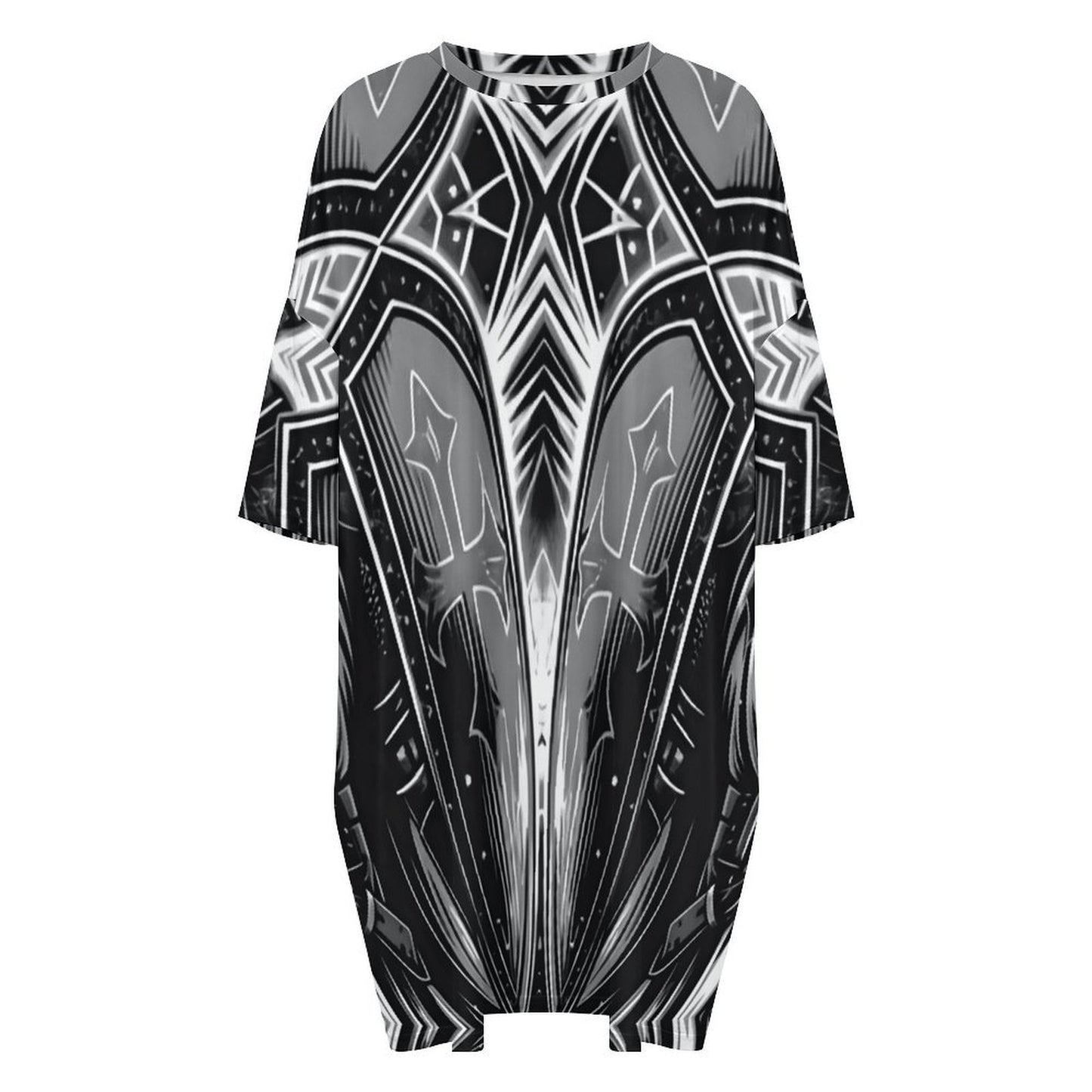 Women's Black & Silver Symmetry Pattern All-Over Print Oversized T- Shirt Loungewear