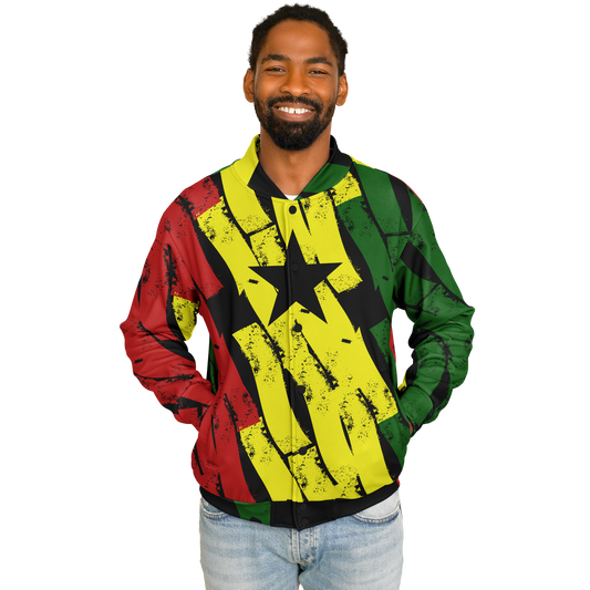 Men's Ghana Flag & Black Star Pattern All-Over Print Baseball Jacket