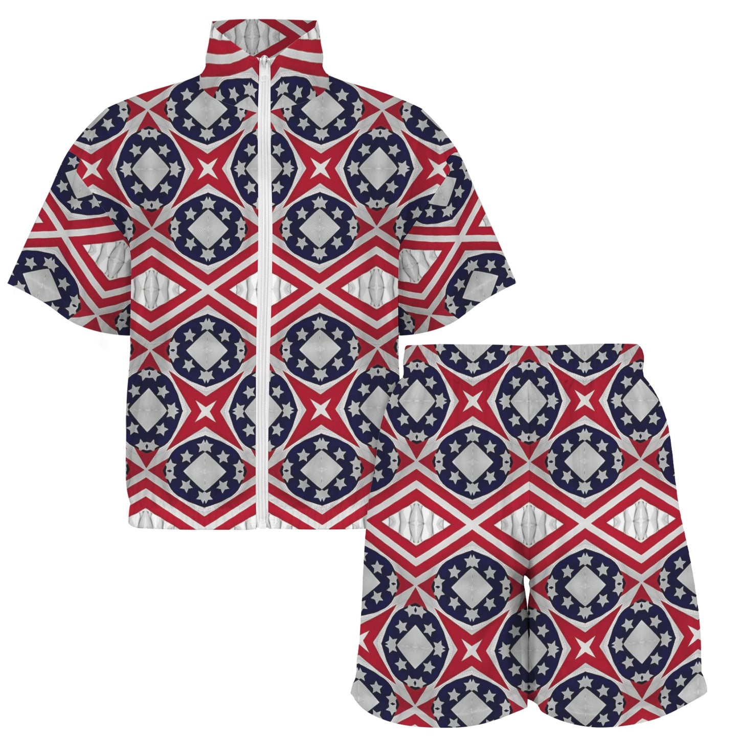 Women's Patriotic Red White Blue Geometric Windbreaker Short Set