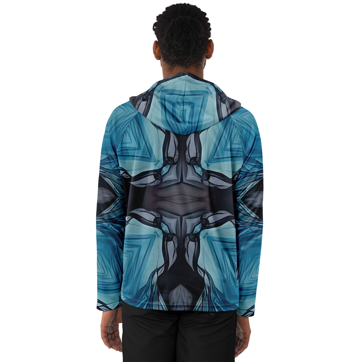 Men's Abstract Blue Geometric Design All Over Print Long Sleeve Hooded Performance Shirt