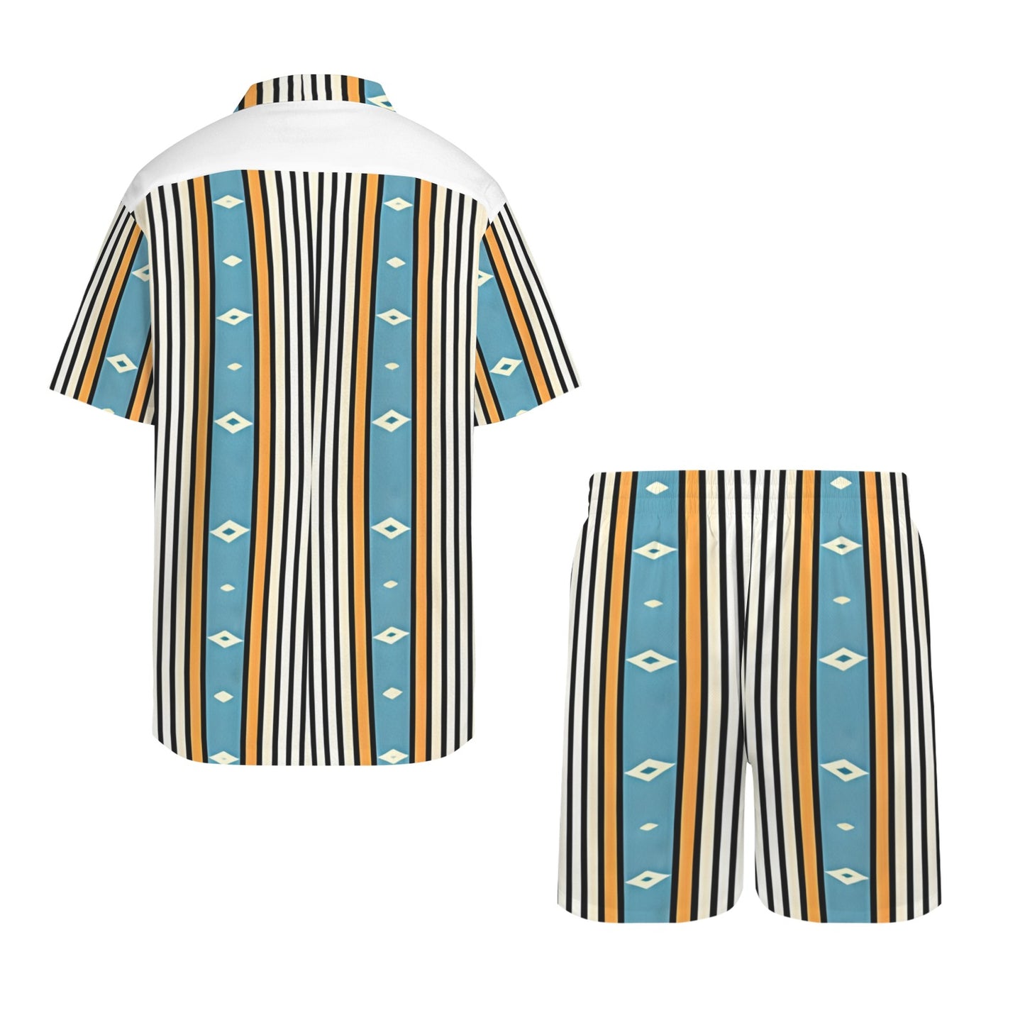 Men's Striped Retro Blue & Orange Patten All Over Print Hawaiian Shirt & Shorts Set