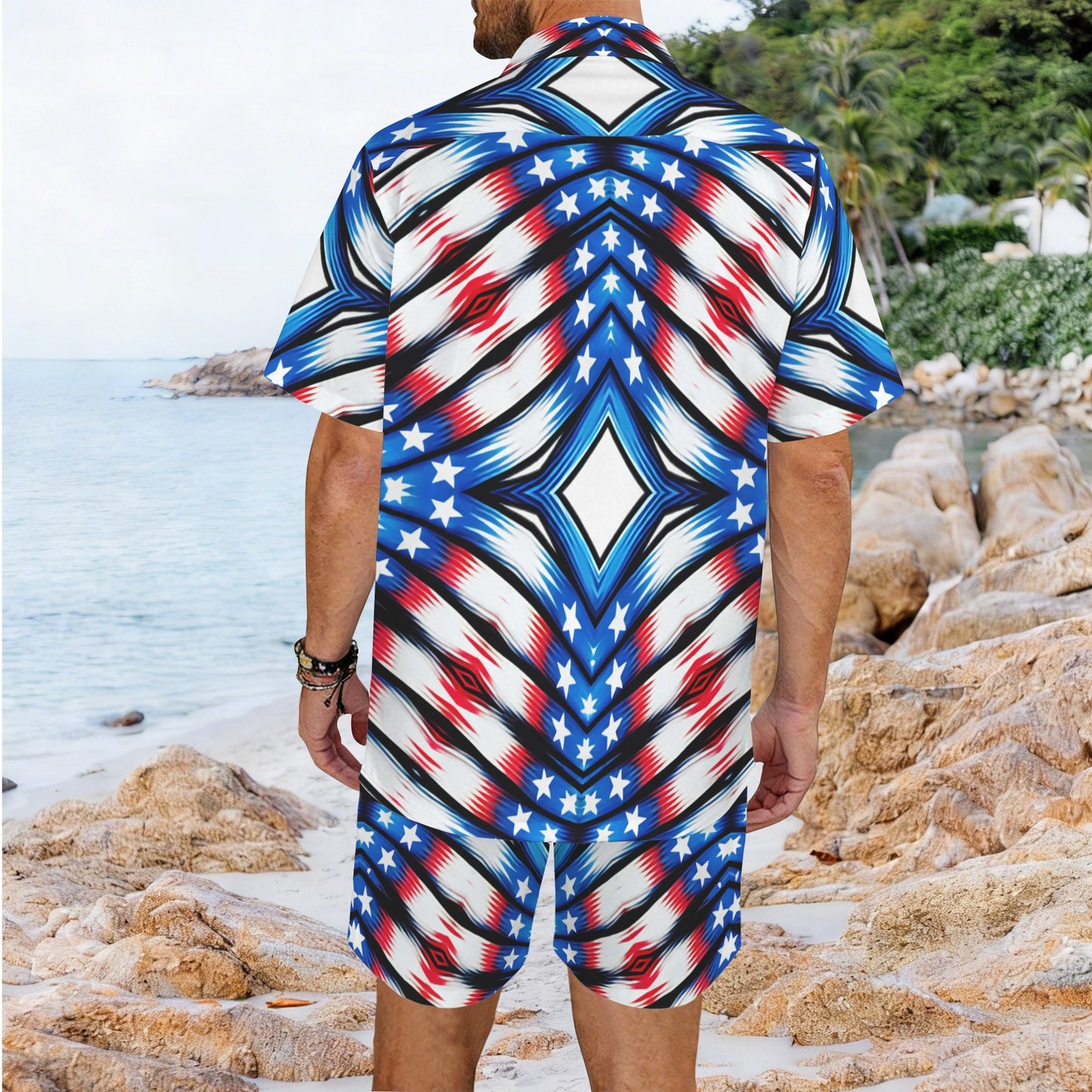 Men's Red White & Blue Geometric Pattern All-Over Print Hawaiian Shirt & Shorts Set