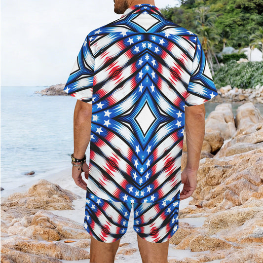 Men's Red White & Blue Geometric Pattern All-Over Print Hawaiian Shirt & Shorts Set