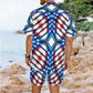 Men's Red White & Blue Geometric Pattern All-Over Print Hawaiian Shirt & Shorts Set