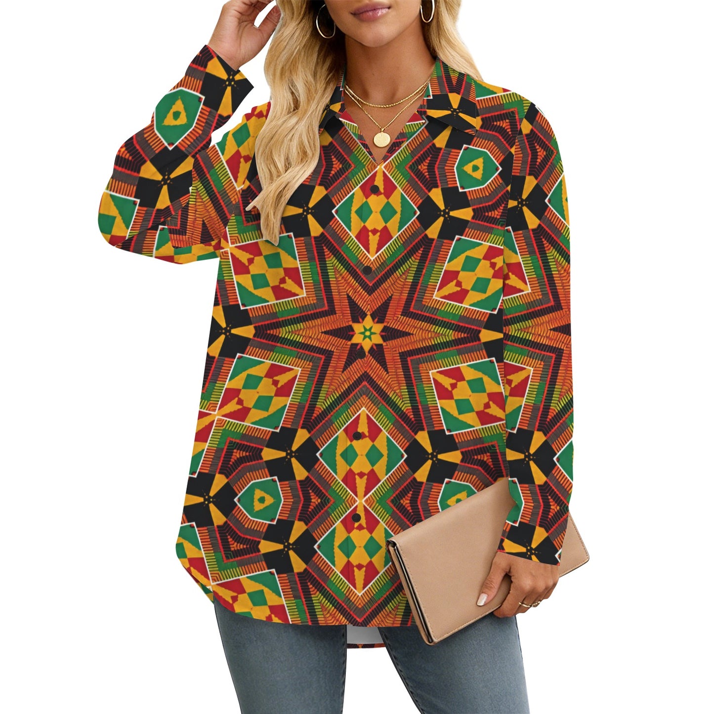 Women's African Kente Geometric Star Pattern All-Over Print Long Sleeve Curved Hem Shirt