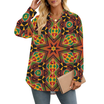 Women's African Kente Geometric Star Pattern All-Over Print Long Sleeve Curved Hem Shirt