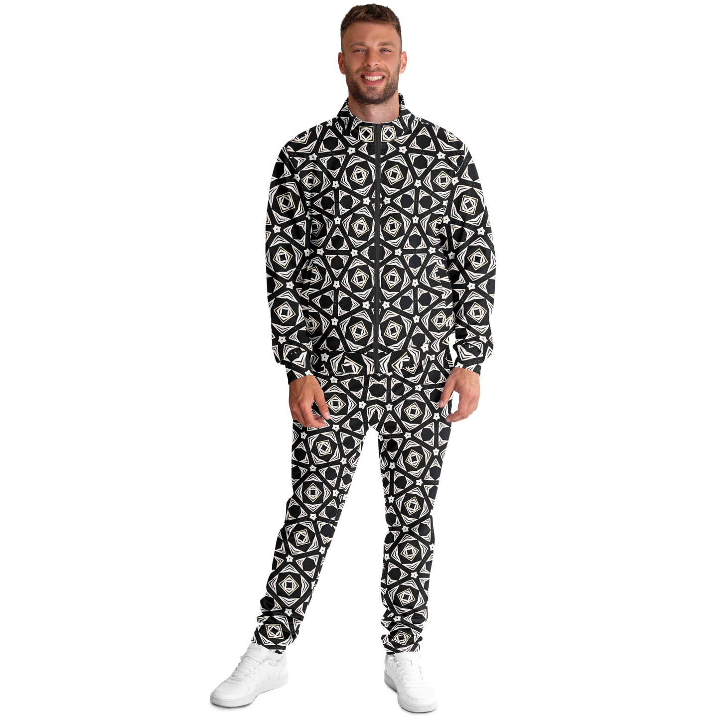 Men's Black Geometric Pattern Track Jacket and Pants