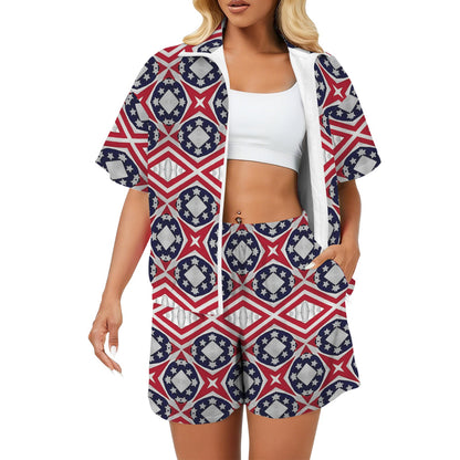 Women's Patriotic Red White Blue Geometric Windbreaker Short Set