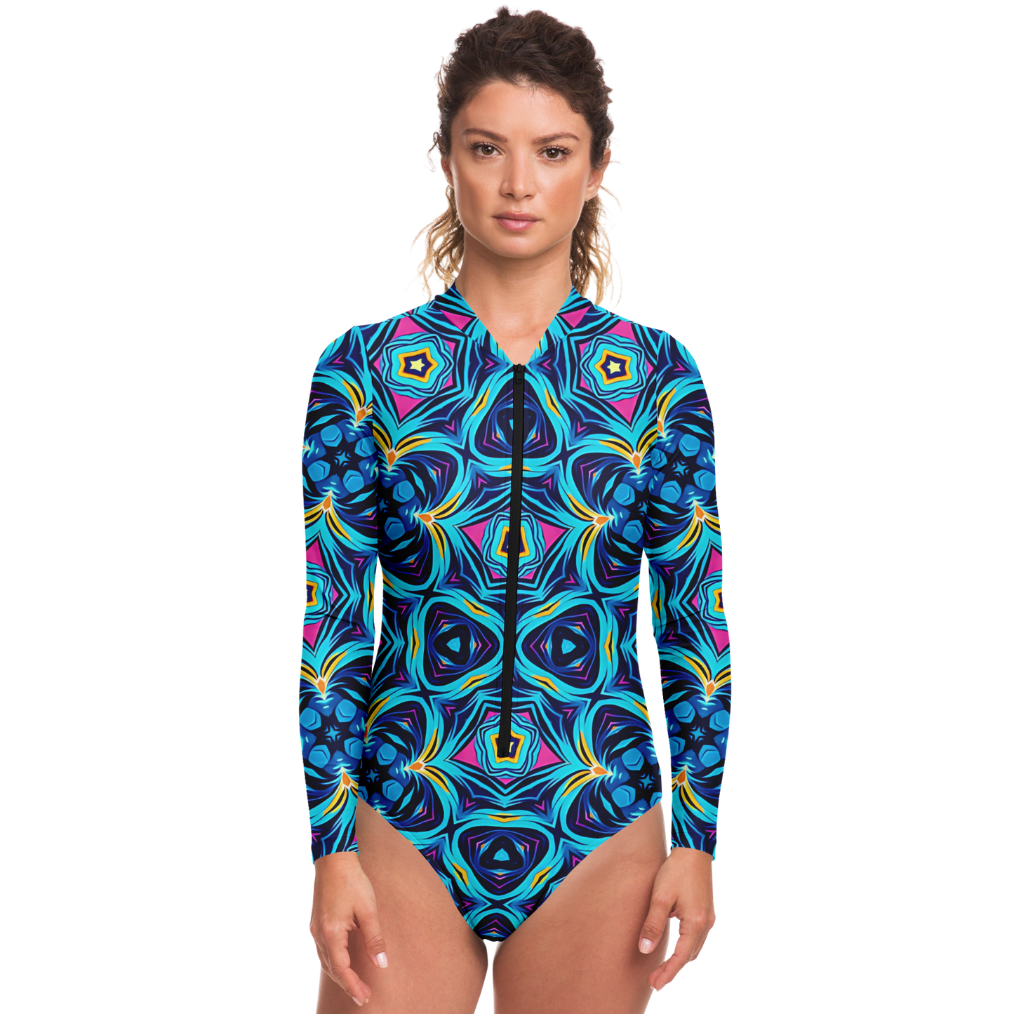 Women's Blue Kaleidoscope Bodysuit Long Sleeve