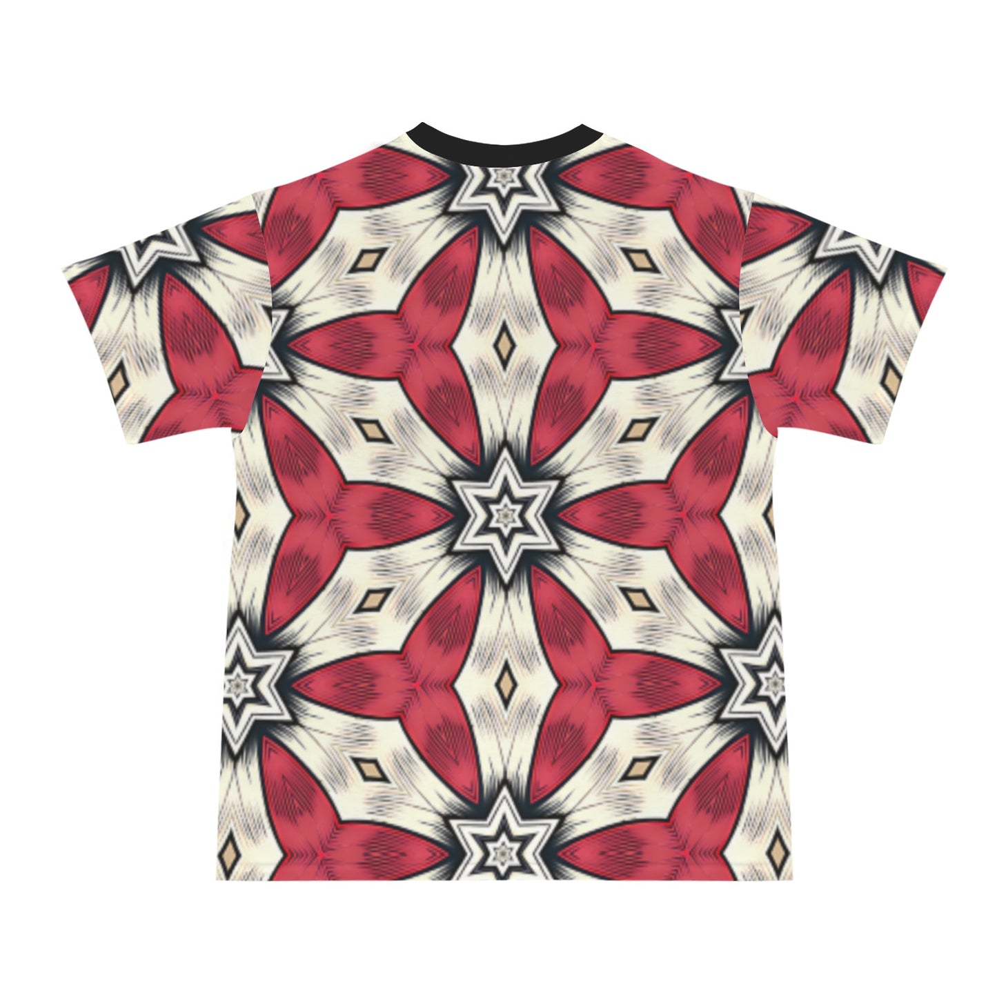 Men's Red & White Geometric Star Pattern All Over Print Cut & Sew Ribbed Collar T-Shirt