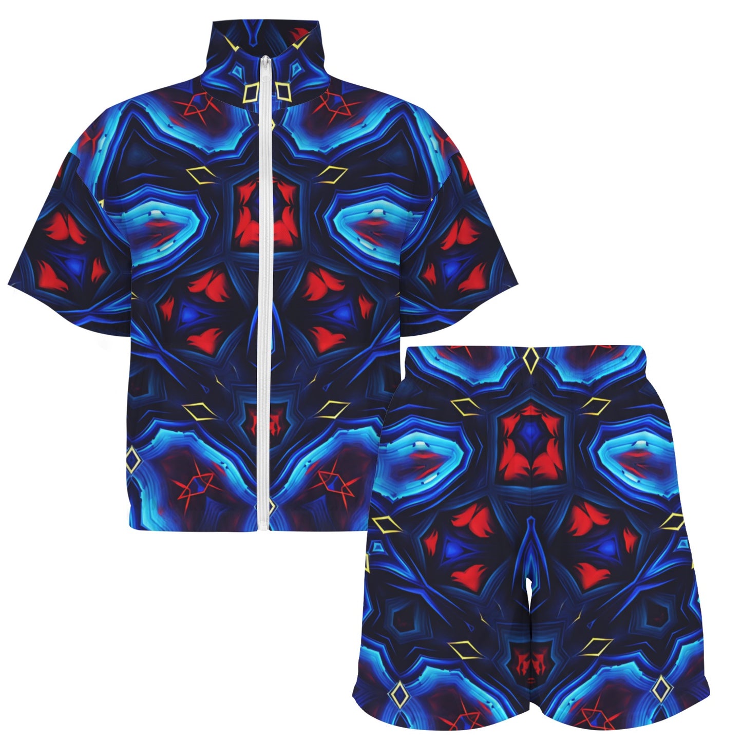 Women's Blue & Red Kaleidoscope Pattern Windbreaker Short Set