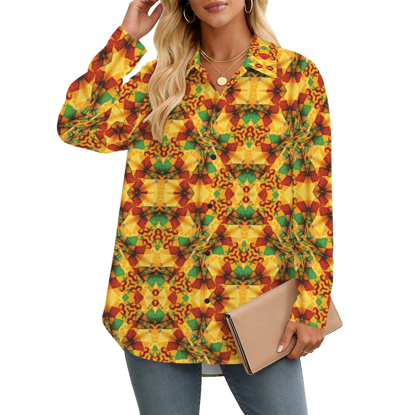 Women's Vibrant African Kente Geometric Pattern All Over Print Long Sleeve Curved Hem Shirt