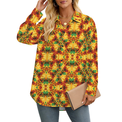 Women's Vibrant African Kente Geometric Pattern All Over Print Long Sleeve Curved Hem Shirt