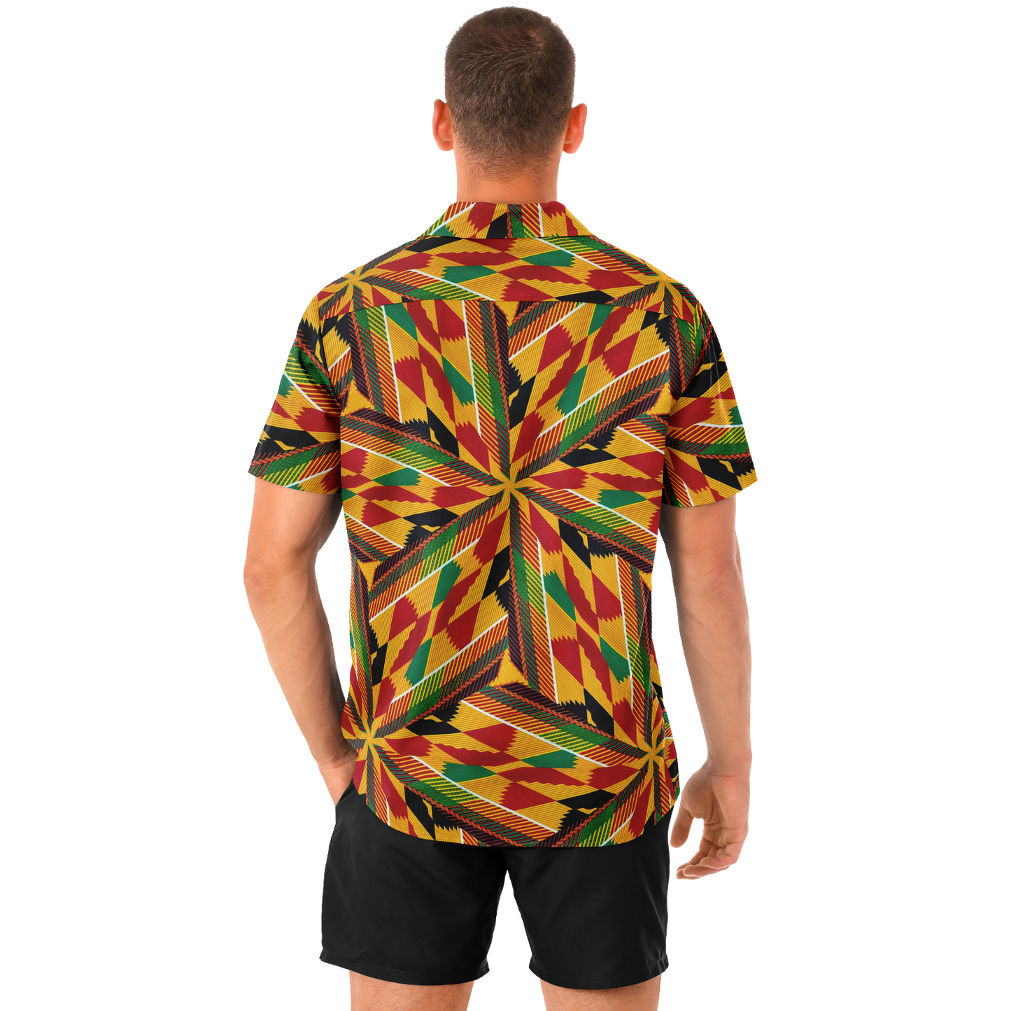 Men's African Kente Geometric Pattern All-Over Print Spread Collar Short Sleeve Button-Down Shirt