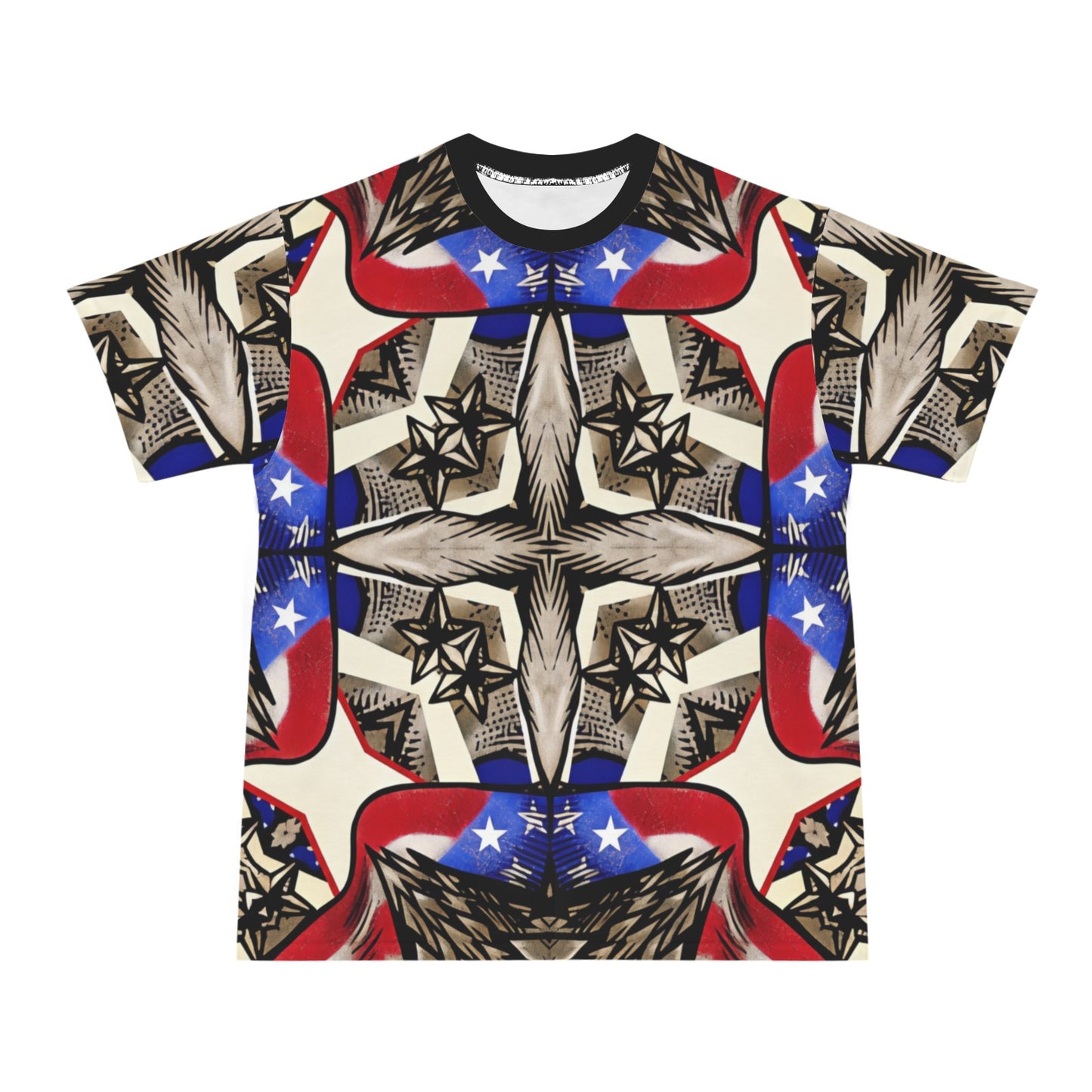 Men's Patriotic Stars & Cross Kaleidoscope Pattern All-Over Print Ribbed Collar T-Shirt