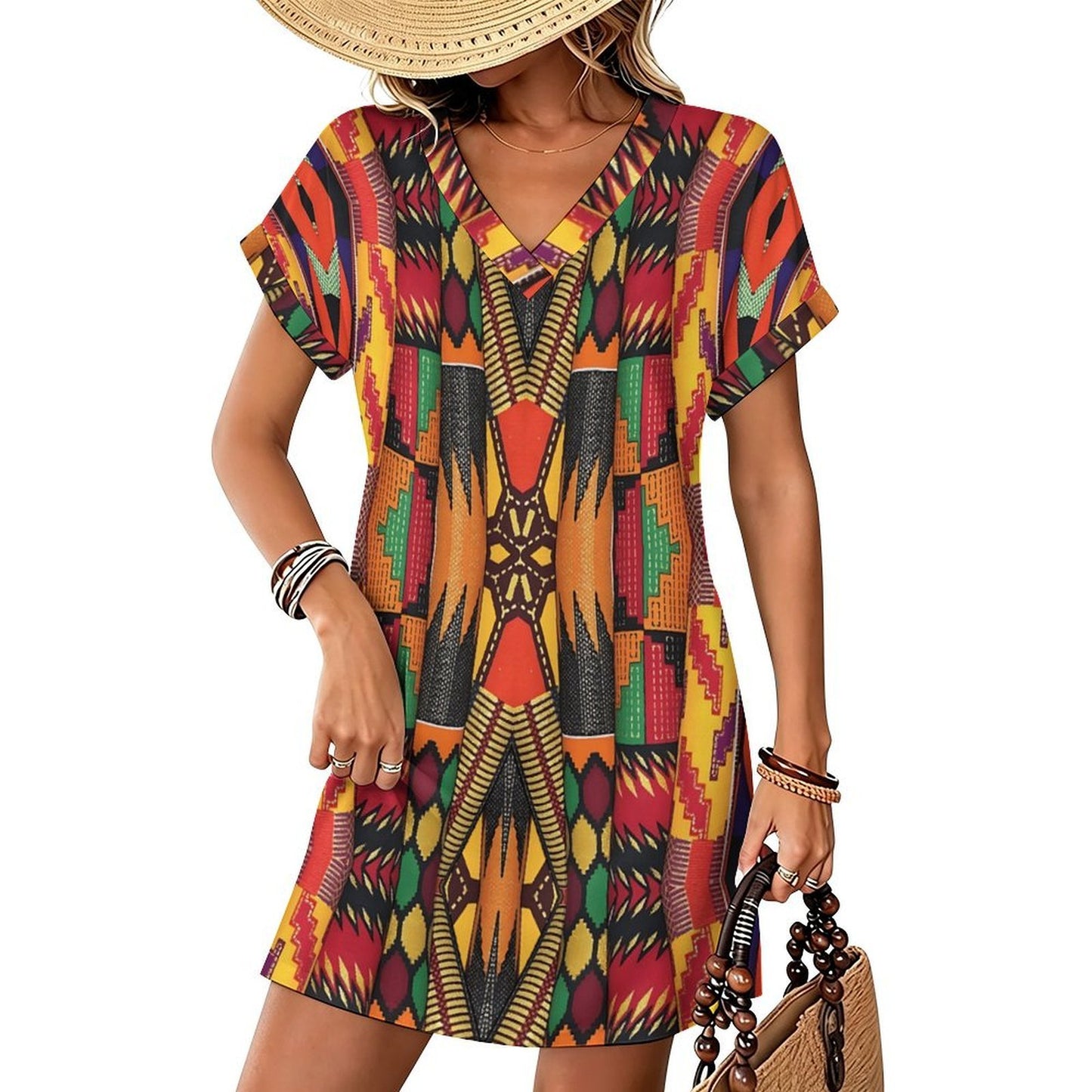 Women's Bold Colorful Aztec Pattern  All-Over Print Casual V-Neck Dress with Rolled Cuffs
