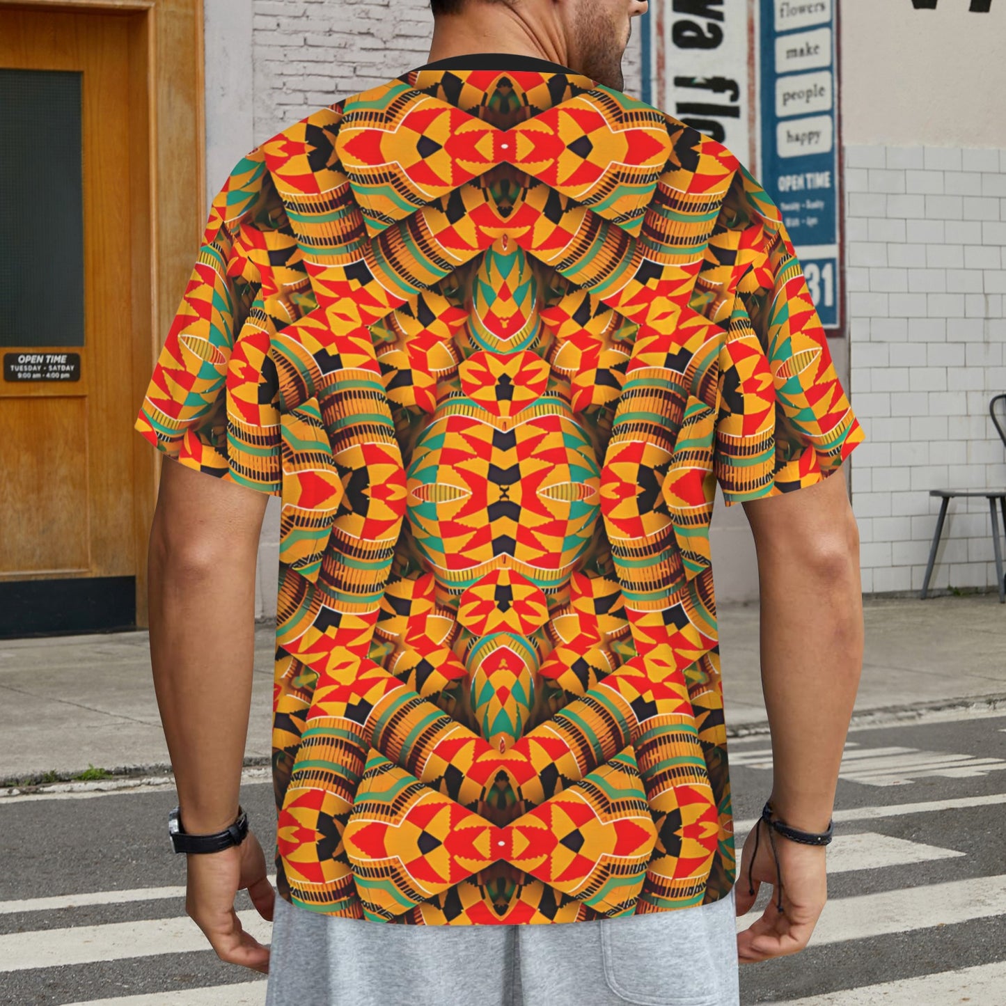 Men's Vibrant Kente Kaleidoscope Geo Pattern All Over Print Ribbed Collar T-Shirt