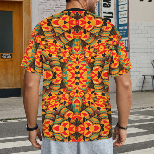 Men's Vibrant Kente Kaleidoscope Geo Pattern All Over Print Ribbed Collar T-Shirt