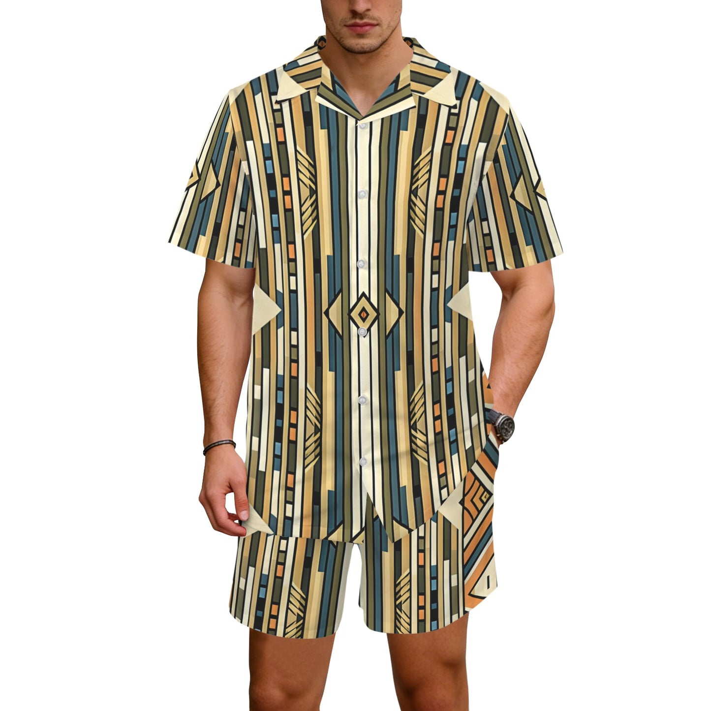 Men's Retro Geometric Tribal Pattern All-Over Print Men's Hawaiian Shirt & Shorts Set