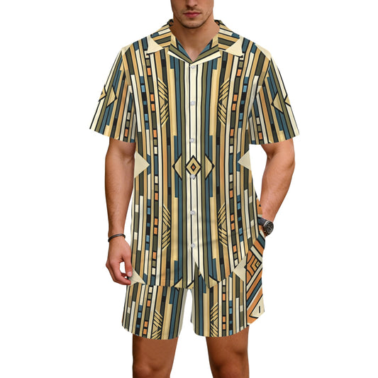 Men's Retro Geometric Tribal Pattern All-Over Print Hawaiian Shirt & Shorts Set