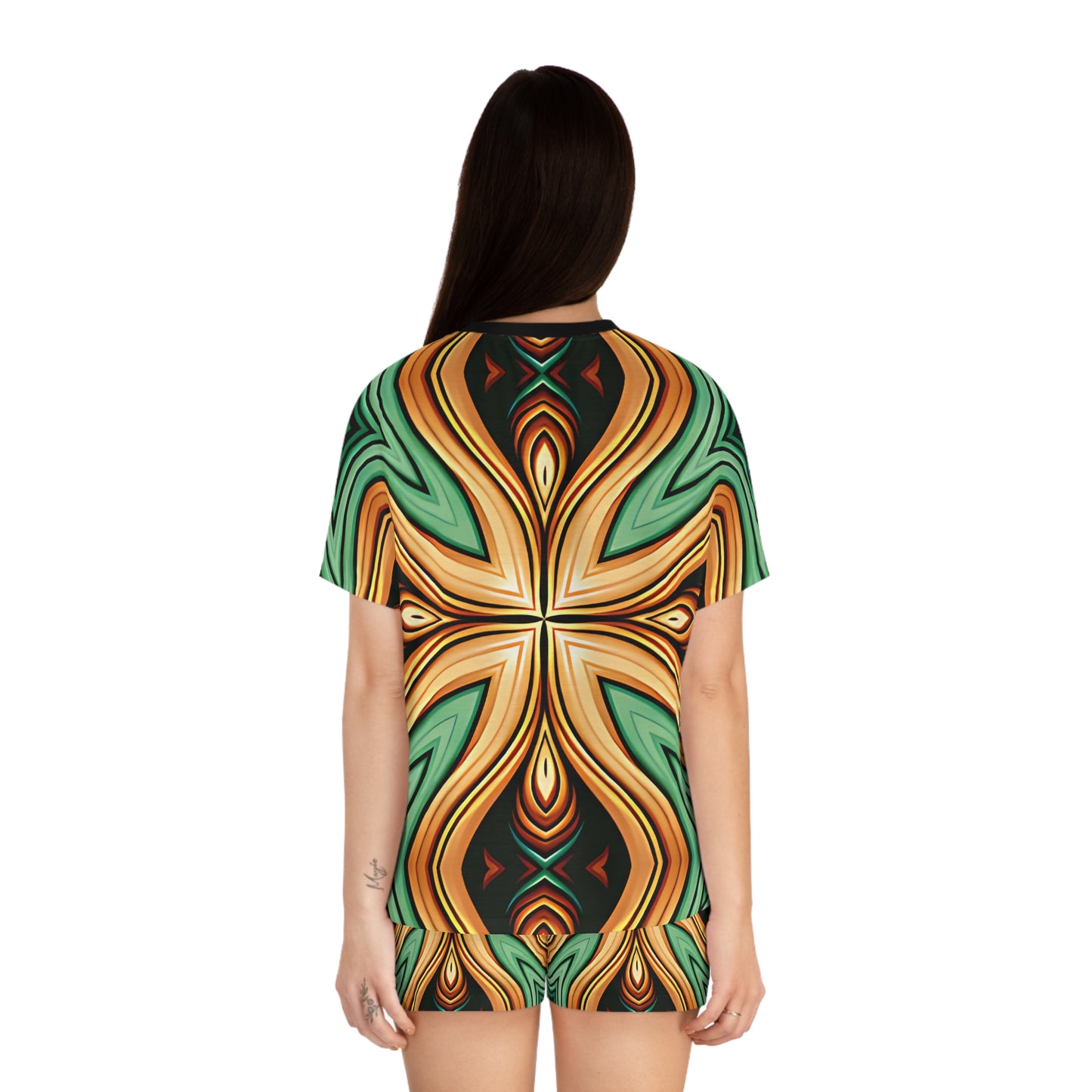 Women's Green & Gold Psychedelic Floral Pattern All-Over Print Short Pajama Set