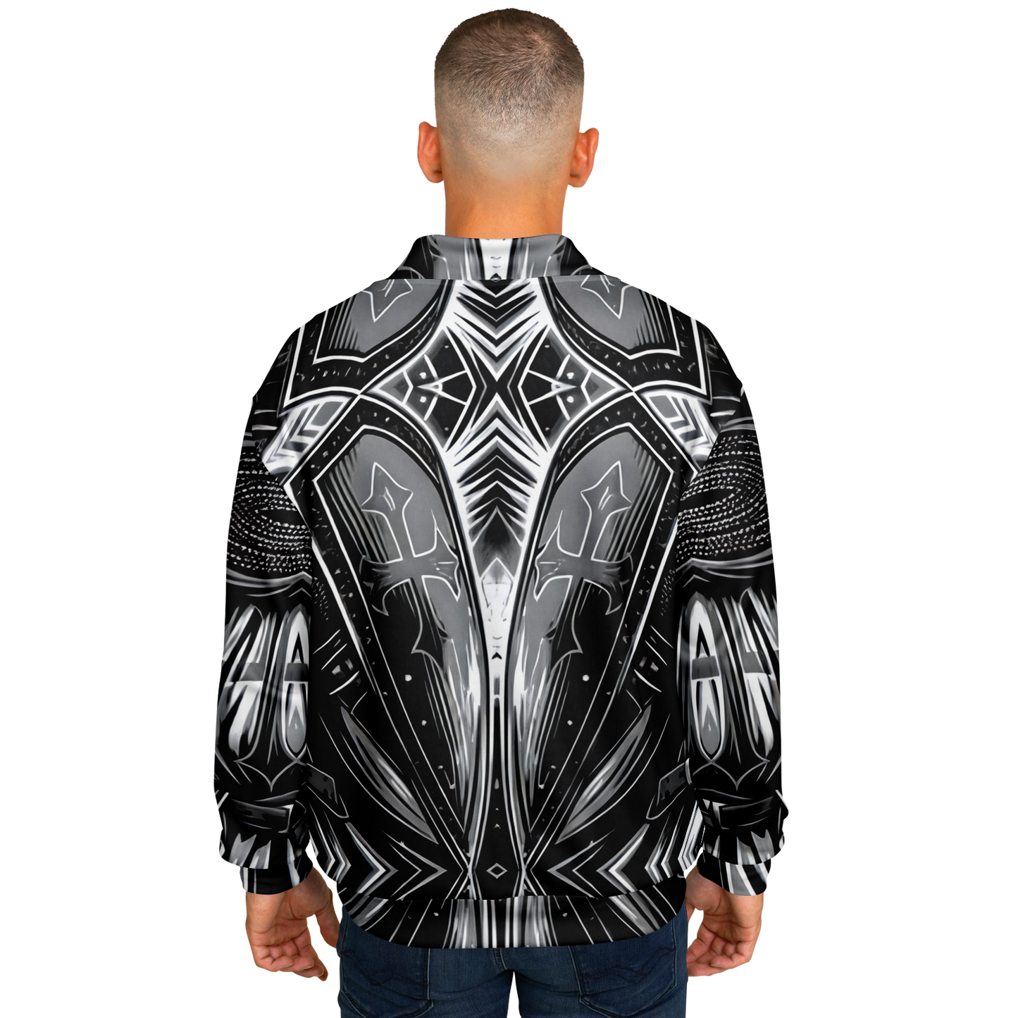 Men's Black & Silver Symmetry Pattern All-Over Print Baseball Jacket