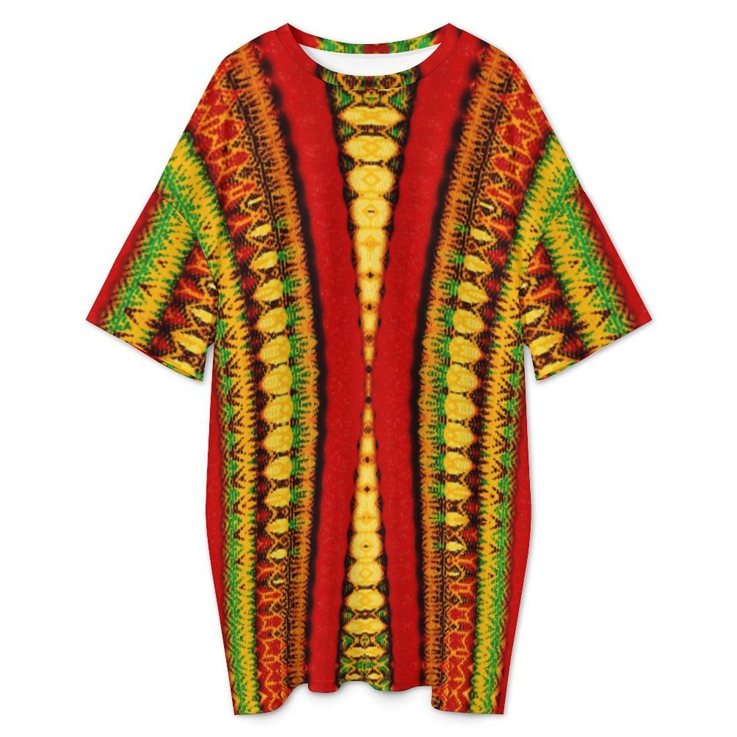 Women's Red Bold Tribal Pattern All-Over Print Oversized T- Shirt Loungewear