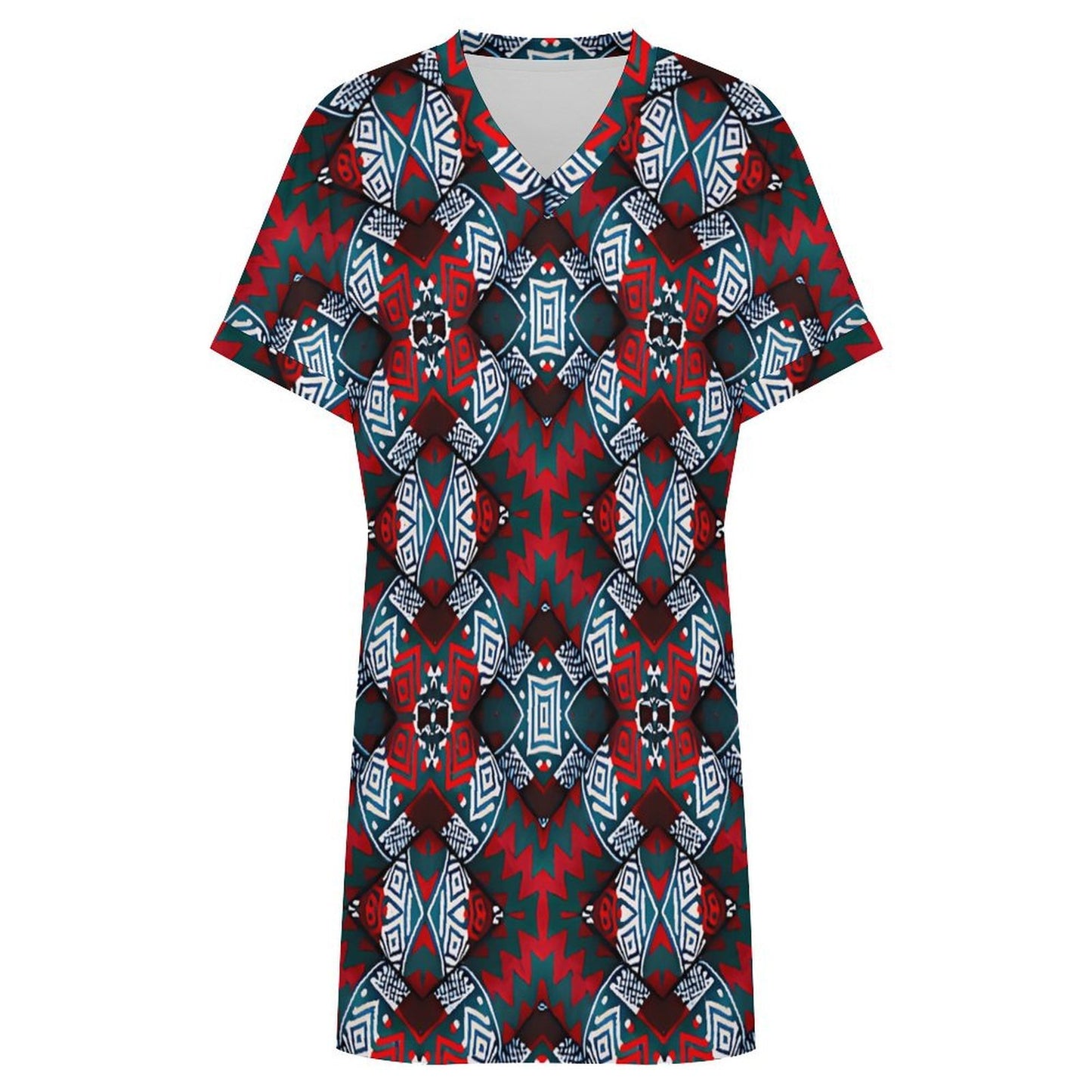Women's Red, Green & White Teal Aztec Geo Pattern All-Over Print Casual V-Neck Dress with Rolled Cuffs