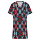 Women's Red, Green & White Teal Aztec Geo Pattern All-Over Print Casual V-Neck Dress with Rolled Cuffs