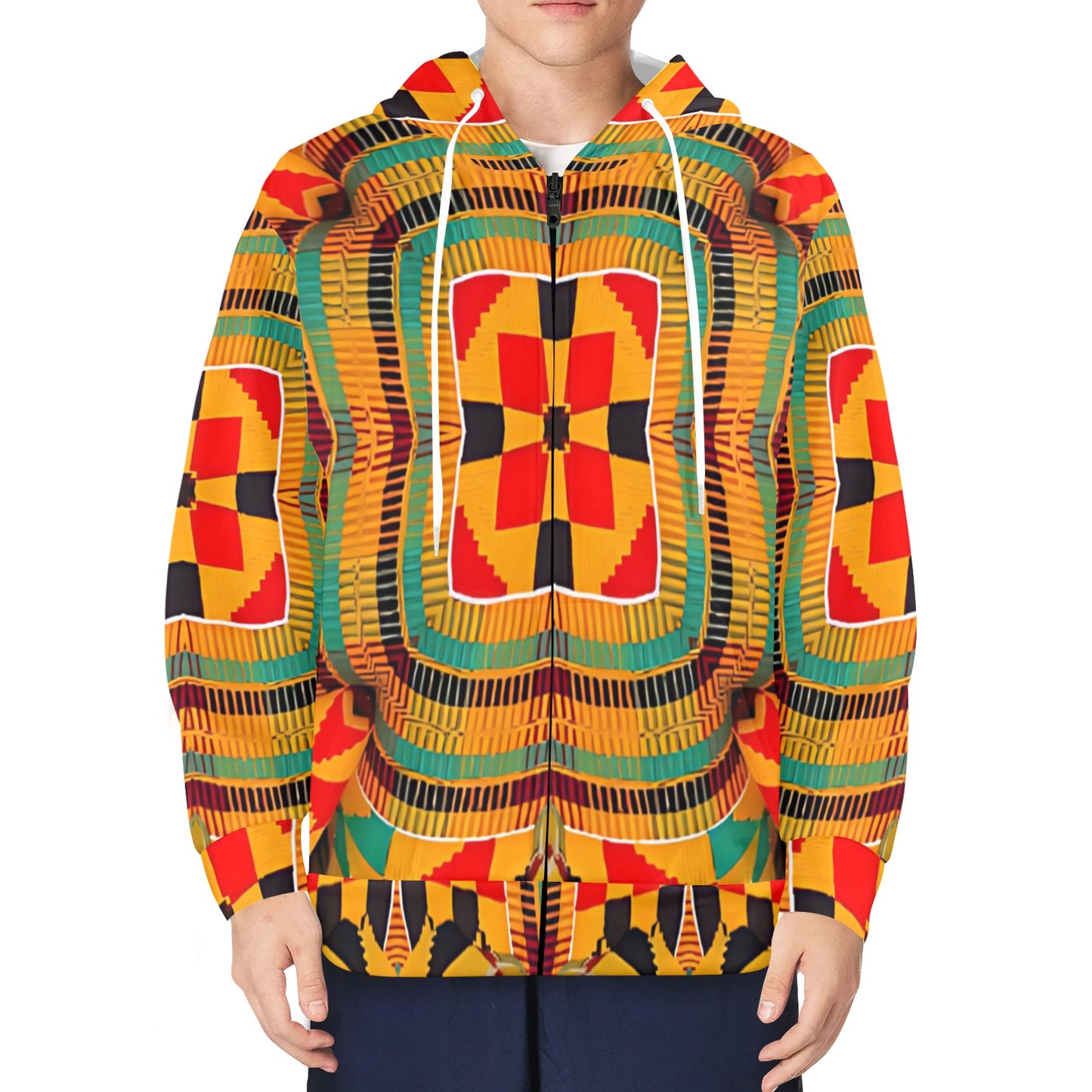 Men's Vibrant African Kente-Inspired Pattern All-Over Print Men's Fleece Full-Zip Hoodie