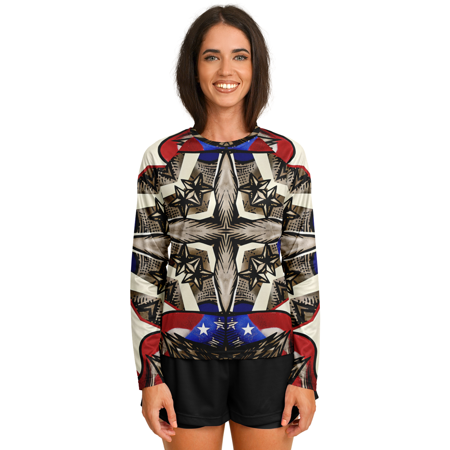 Women's Patriotic Star Kaleidoscope Pattern All-Over Print Long Sleeve Performance Shirt