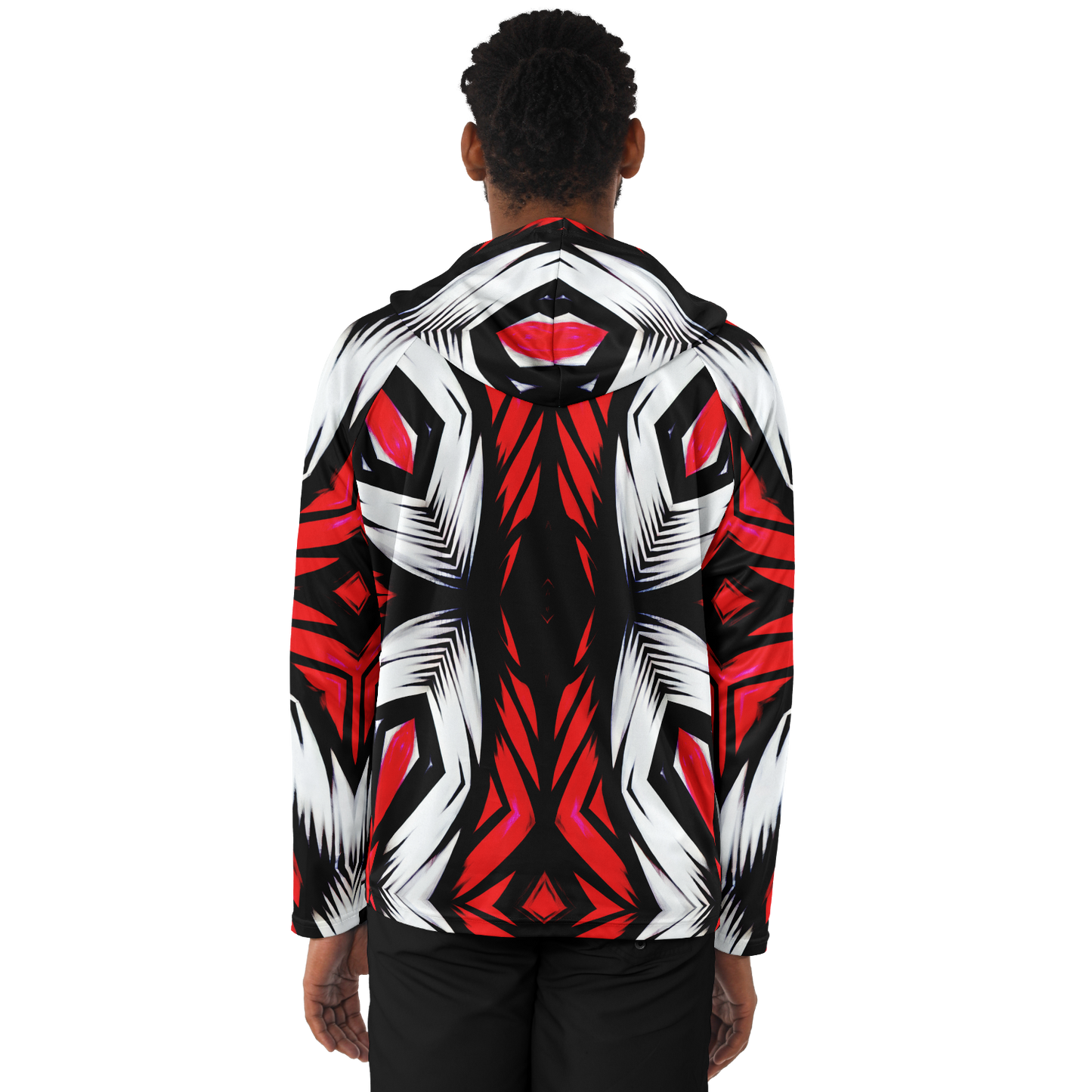 Men's Abstract Red, White & Black Pattern All-Over Print Long Sleeve Hooded Performance Shirt