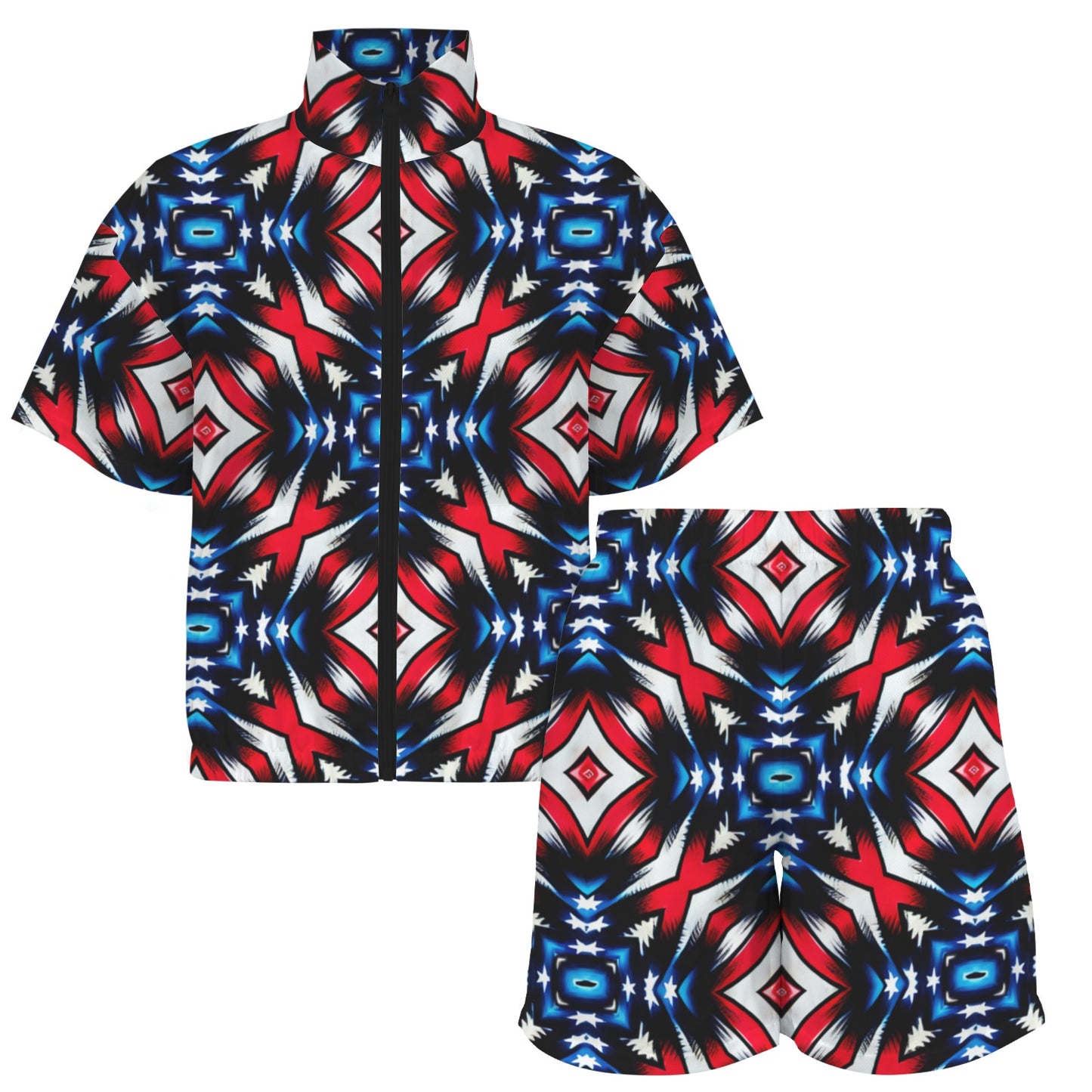 Women's Red White Blue Geometric Pattern All-Over Print All Over Print Windbreaker Short Set