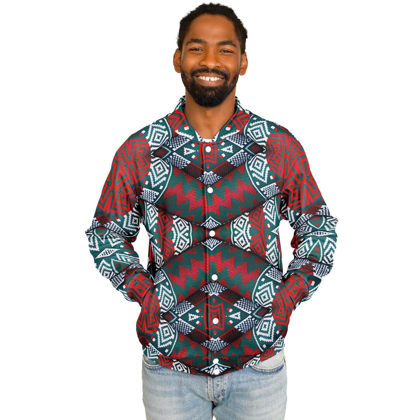 Men's Red, Green & White Teal Aztec Geo Pattern All-Over Print Baseball Jacket