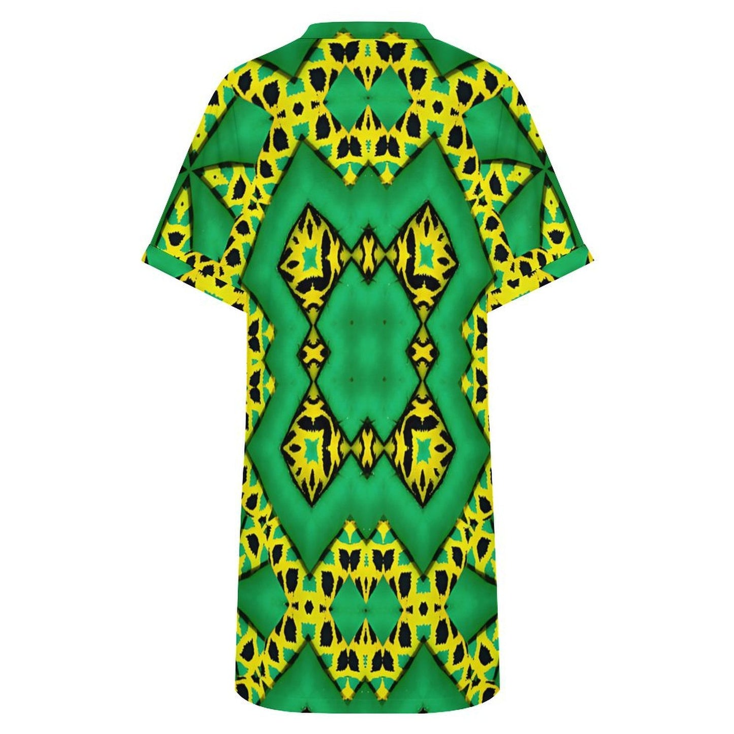 Women's Bold Green Black & Yellow Kaleidoscope Pattern All-Over Print Casual V-Neck Dress with Rolled Cuffs