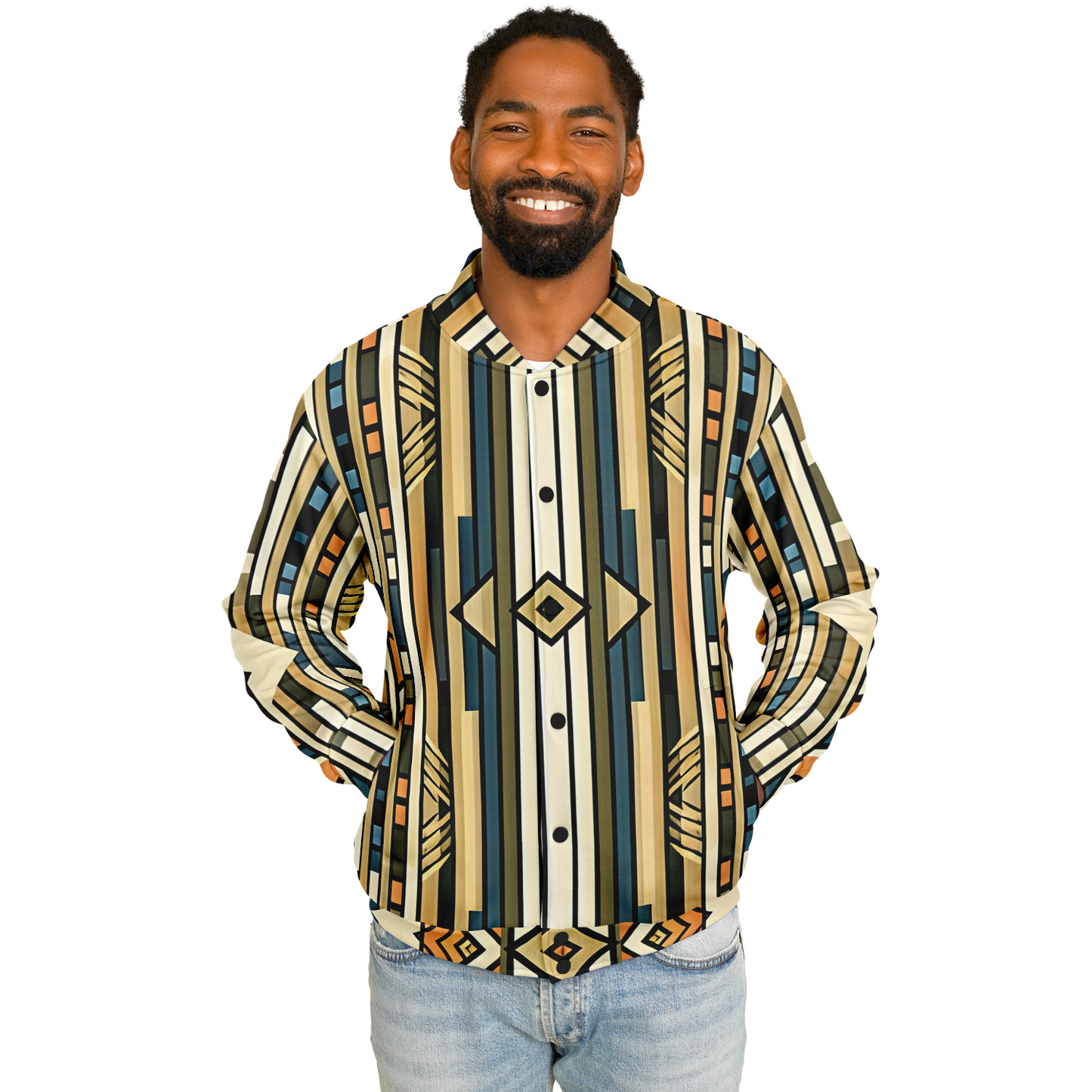 Men's Retro Geometric Tribal Pattern Design All-Over Print Baseball Jacket
