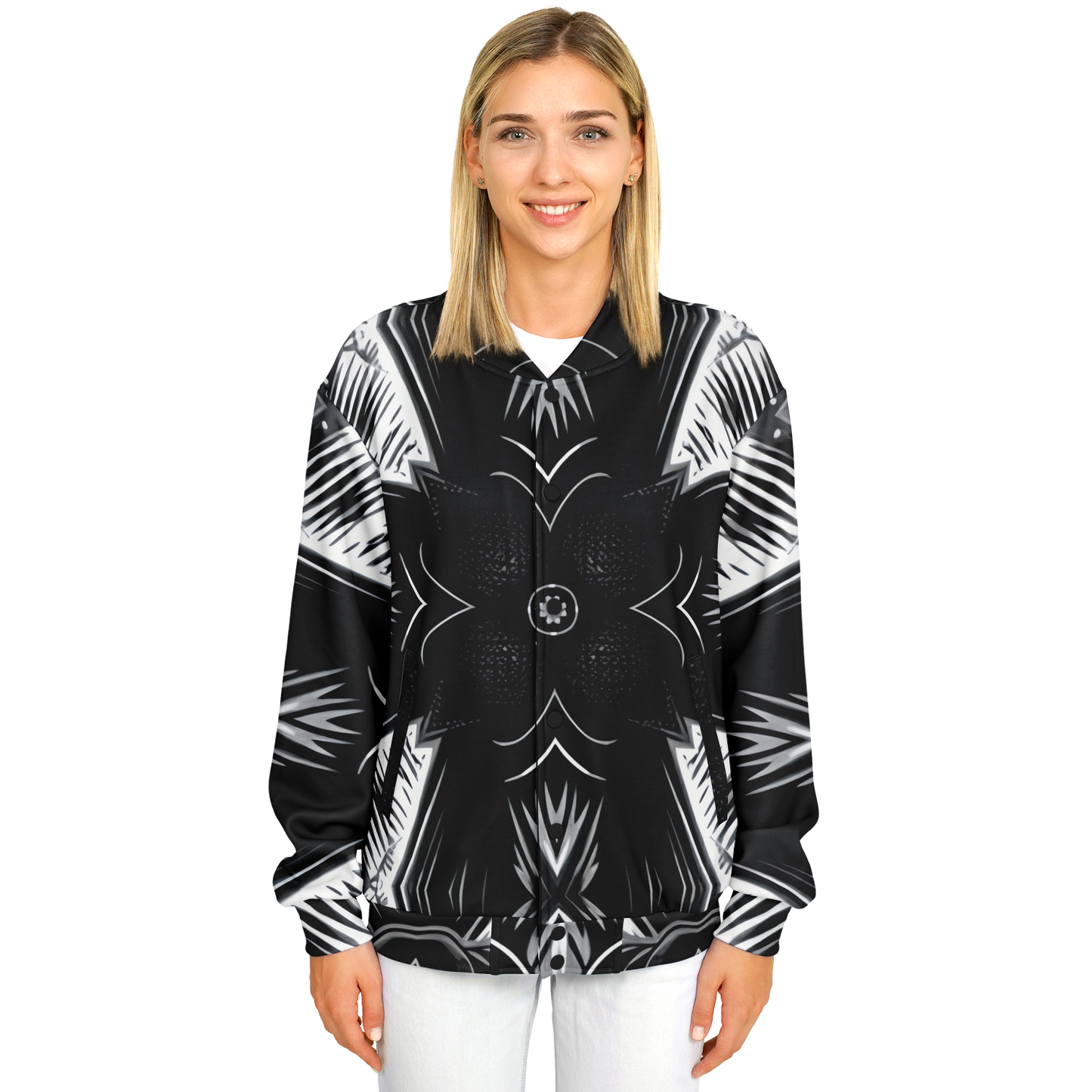 Women's Black & White Geometric Pattern All Over print All Over Print Baseball Jacket