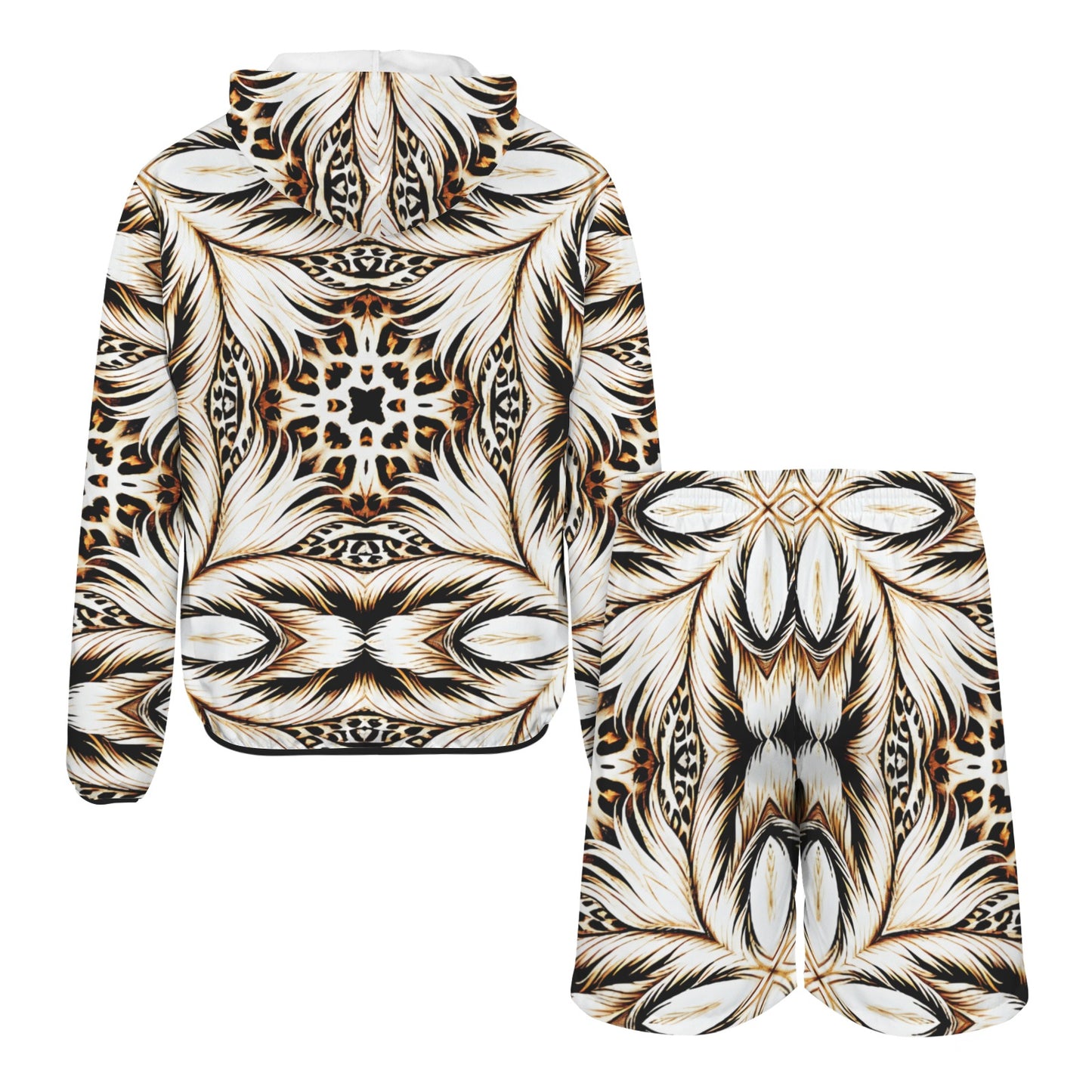 Men's Brown & Black Kaleidoscope Pattern  All Over Print Lightweight Sun Hoodie & Shorts Set