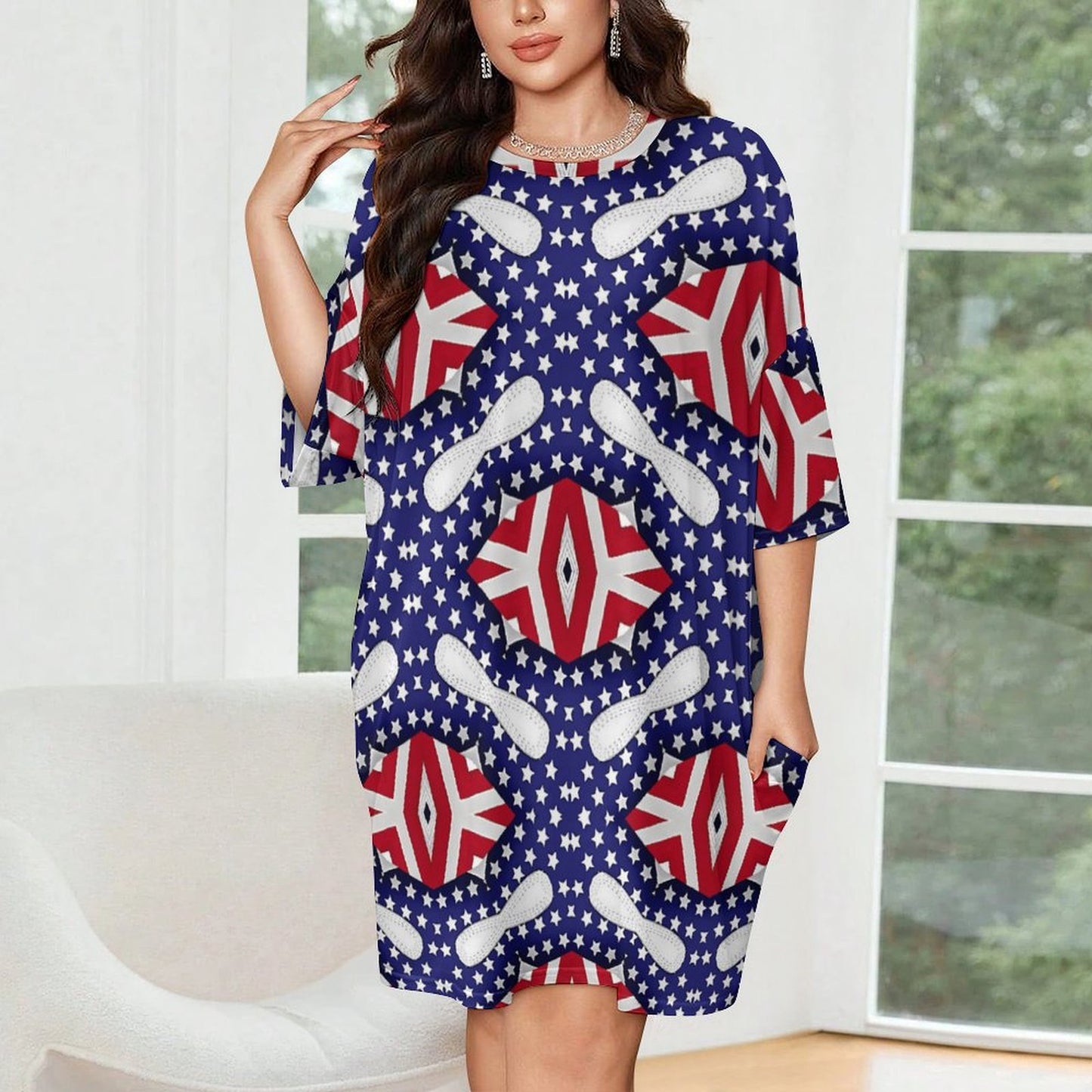 Women's Patriotic Stars & Stripes All Over Print Oversized T- Shirt Loungewear