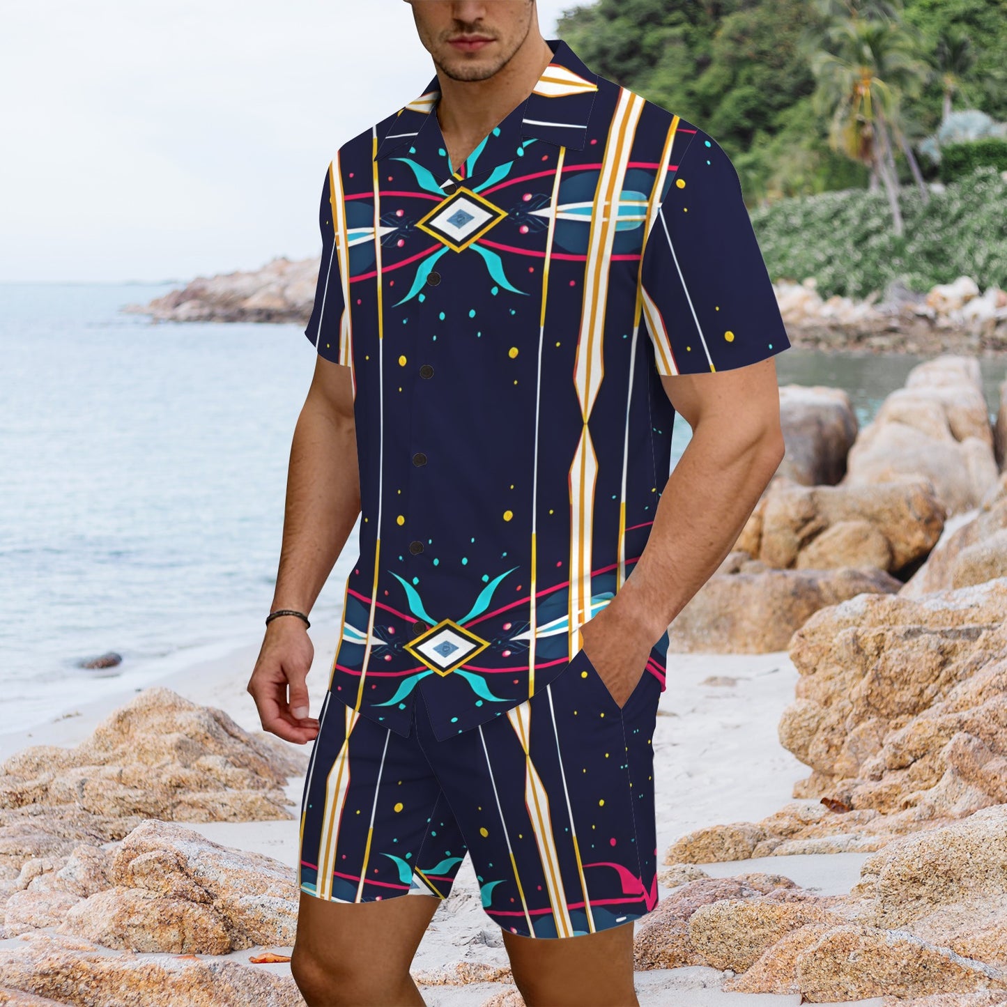 Men's Abstract Neon Geometry Pattern All Over Print Hawaiian Shirt & Shorts Set