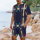 Men's Abstract Neon Geometry Pattern All Over Print Hawaiian Shirt & Shorts Set