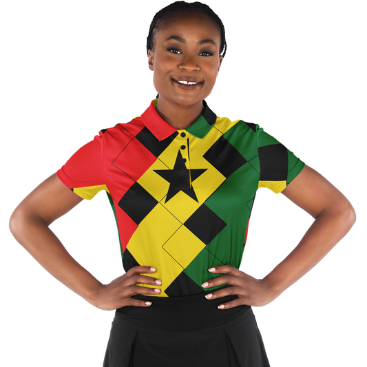 Women's Red Yellow Green and Black Stars Polyester Polo Shirt