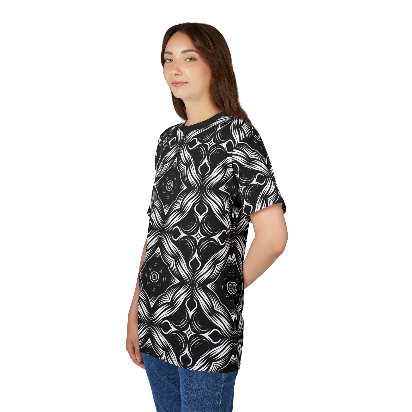 Women's Black & White Kaleidoscope Pattern All-Over Print Graphic Shirt