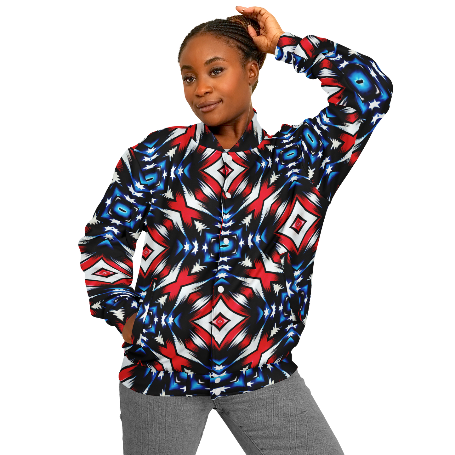 Women's Red White Blue Geometric Pattern All-Over Print Unisex Cut Baseball Jacket